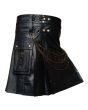 Black Cow Leather Utility Fashion Kilt, Black color for Male
