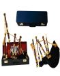 Black Velvet Bagpipe Set Brown & Gold Finish With Hard Case, Black color for Male