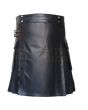 Black Cow Leather Utility Kilt Cargo Pockets, Black color for Male