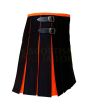 Black With Orange Tartan Style Hybrid Kilt, Black color for Male