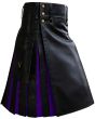 Black and Purple Gothic Leather Utility Kilt right side view with cargo pocket and pleated leather design