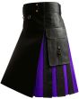 Black and Purple Gothic Leather Utility Kilt left side view showing gothic style panels and functional utility pocket