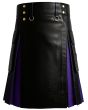 Black and Purple Gothic Leather Utility Kilt front view with contrasting purple panels and adjustable waist design