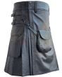 Black Cow Leather Kilt With Front Sporran, Black color for Male