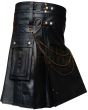 Black Cow Leather Utility Fashion Kilt, Black color for Male