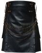 Black Cow Leather Utility Fashion Kilt, Black color for Male