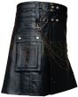 Black Cow Leather Utility Fashion Kilt, Black color for Male