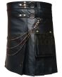 Black Cow Leather Utility Fashion Kilt, Black color for Male