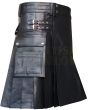 Black Cow Leather Utility Kilt Cargo Pockets, Black color for Male
