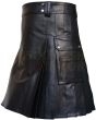 Black Cow Leather Utility Kilt Cargo Pockets, Black color for Male