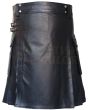 Black Cow Leather Utility Kilt Cargo Pockets, Black color for Male