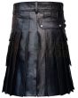 Black Cow Leather Utility Kilt Cargo Pockets, Black color for Male