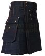 Black Denim Utility Working Kilt, Black color for Male