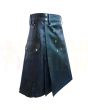 Black Leather Cross Pocket Style Premium Utility Kilt, Black color for Male