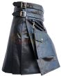 Black Leather Detachable Pocket Utility Kilt, Black color for Male