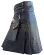 Black Leather Detachable Pocket Utility Kilt, Black color for Male