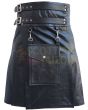 Black Leather Detachable Pocket Utility Kilt, Black color for Male