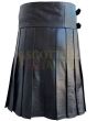 Black Leather Detachable Pocket Utility Kilt, Black color for Male