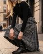 Women black and grey tartan maxi skirt with leather straps