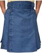 Blue Denim Slash Pocket Utility Kilt front apron view with silver hardware