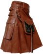 Brown Cow Leather Utility Kilt With Front Sporran, Brown color for Male