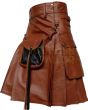 Brown Cow Leather Utility Kilt With Front Sporran, Brown color for Male