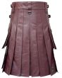 Back view of brown leather deluxe kilt with deep knife pleats and adjustable side straps