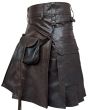 Dark Brown Leather Kilt With Sporran left side view highlighting attached sporran and premium pleated leather design