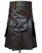 Dark Brown Leather Kilt With Sporran front view featuring buttoned waist, sporran detail, and classic leather style