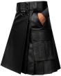 Genuine Black Leather Utility Kilt for Men left side view showing functional cargo pocket and premium leather pleats