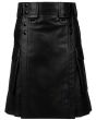 Genuine Black Leather Utility Kilt for Men front view with buttoned waist and classic utility kilt design