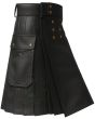 Gray Leather Scottish Style Kilt right side view with utility pocket and pleated leather design