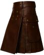 Handmade Brown Leather Kilt for Men left side view showing functional cargo pocket and premium leather pleats