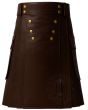 Handmade Brown Leather Kilt for Men front view with buttoned waist and classic utility kilt design