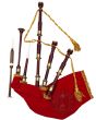 Red Velvet Bagpipe Set Brown & Gold Finish With Hard Case, Red color for Male