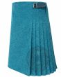 Highland Teal Blue Wool Kilt highlighting soft wool texture with refined pleated style and utility detail