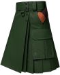 Men Classic Green Leather Kilt left side view showing functional cargo pocket and premium leather pleats