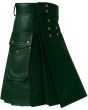 Men Handmade Dark Green Leather Kilt right side view with utility pocket and pleated leather design