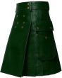 Men Handmade Dark Green Leather Kilt left side view showing functional cargo pocket and premium leather pleats