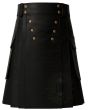 Front view of Men’s Genuine Leather Black Utility Kilt with double-breasted buttons and pleated design.