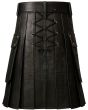 Back view of Men’s Genuine Leather Black Utility Kilt with lace-up closure and pocket details.