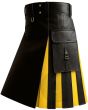 Modern Black Kilt With Yellow Interior Pleats left side view showing functional pocket and modern hybrid kilt style
