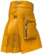 Mustard Yellow Leather Cargo Pocket Kilt showcasing premium leather craftsmanship with durable utility pockets and modern style