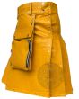 Mustard Yellow Leather Cargo Pocket Kilt highlighting contemporary pleated leather design with practical cargo pocket accents