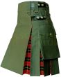 Olive Green With Wallace Tartan Hybrid Kilt, Olive Green color for Male
