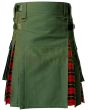 Olive Green With Wallace Tartan Hybrid Kilt, Olive Green color for Male
