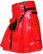 Red Cow Leather Utility Kilt With Front Sporran, Red color for Male
