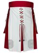 Front view of red white hybrid kilt for Christmas wear