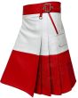 Two Tone Red and White Fashion Utility Kilt highlighting durable construction and vibrant red and white color accents