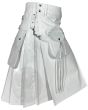 White Leather Kilt With Front Sporran right side view showing functional utility pocket and premium pleated leather design